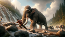 A dynamic scene of a man and a Mastodon working together in a prehistoric landscape. The Mastodon, with its large tusks and woolly body, stands prominently in the center, pulling a wooden cart over a rocky terrain. The man, dressed in red, strains as he assists the Mastodon, guiding a rope attached to the cart. In the background, a cascade of waterfalls and lush greenery provide a majestic backdrop, while a herd of Mastodons is visible in the distance, hinting at a communal effort. The setting is serene with a soft glow of sunlight filtering through the mist, highlighting the cooperative relationship between humans and these ancient creatures.